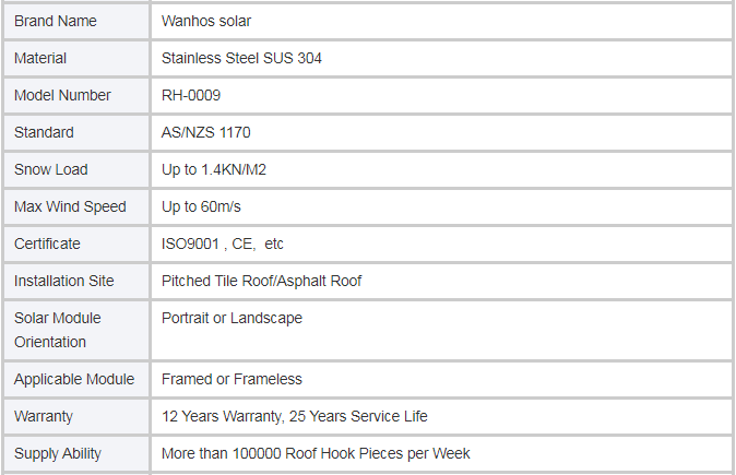 Technical Parameter of Tile Ceramic Roof Hook Solar Mounting