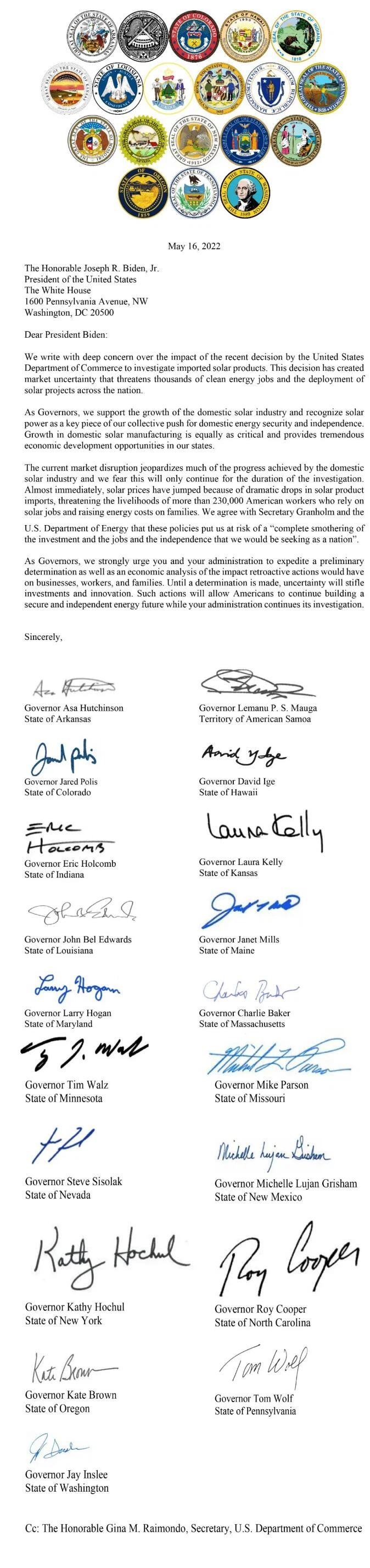 19 bipartisan governors ask Commerce to speed up solar panel probe